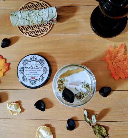 Bougie Vertu Protection – Artisanale avec pierre naturelle