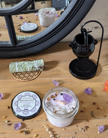 Bougie Vertu Apaisement – Artisanale avec pierre naturelle