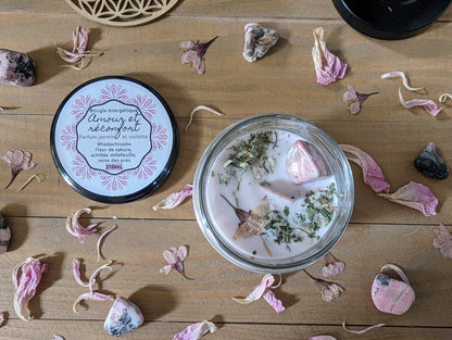 Bougie Vertu Amour & Réconfort – Artisanale avec pierre naturelle